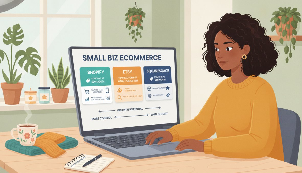 A small business owner sitting at a wooden desk comparing eCommerce platform options on a laptop, with handmade product samples and a spiral notepad nearby in a bright, plant-filled home office