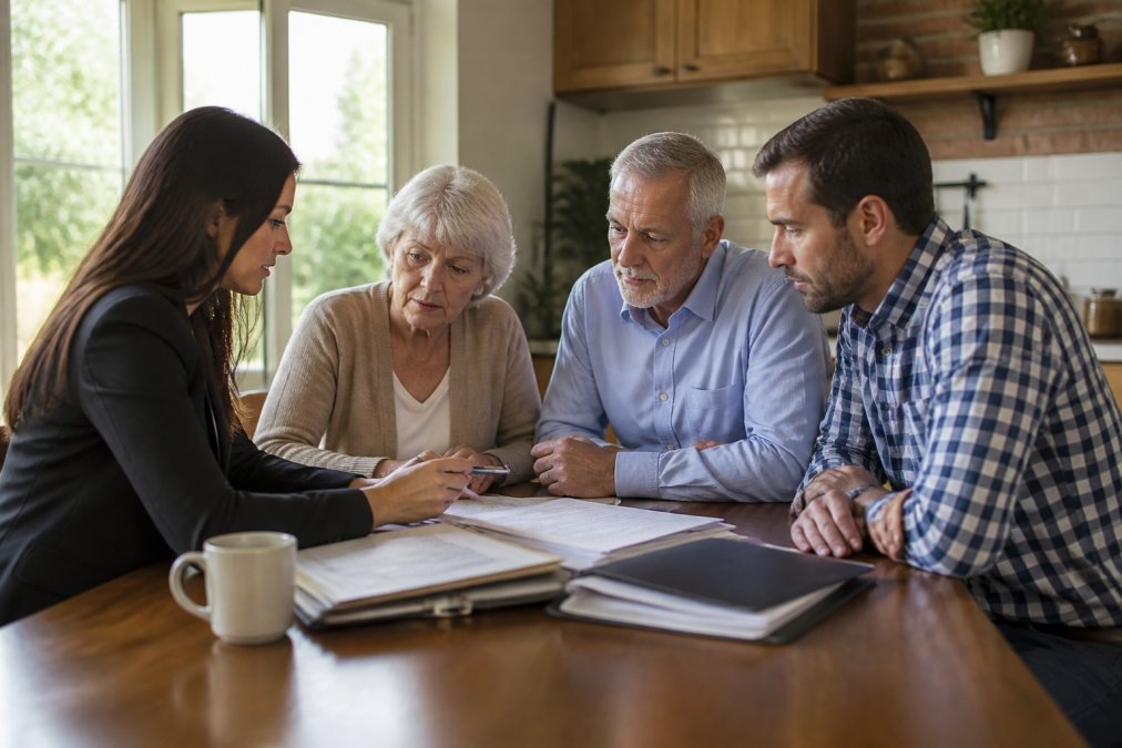 A family gathered around a kitchen table with a professional advisor, reviewing estate documents together in warm natural light