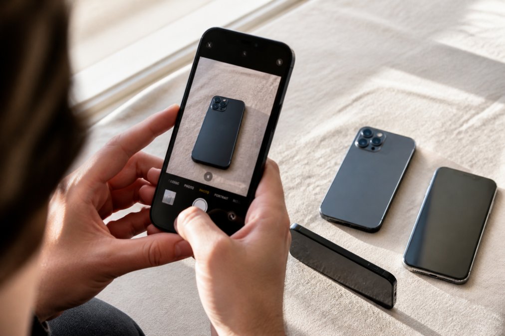 Close-up of hands holding a smartphone being photographed with natural window lighting, showing the device from multiple angles on a neutral surface