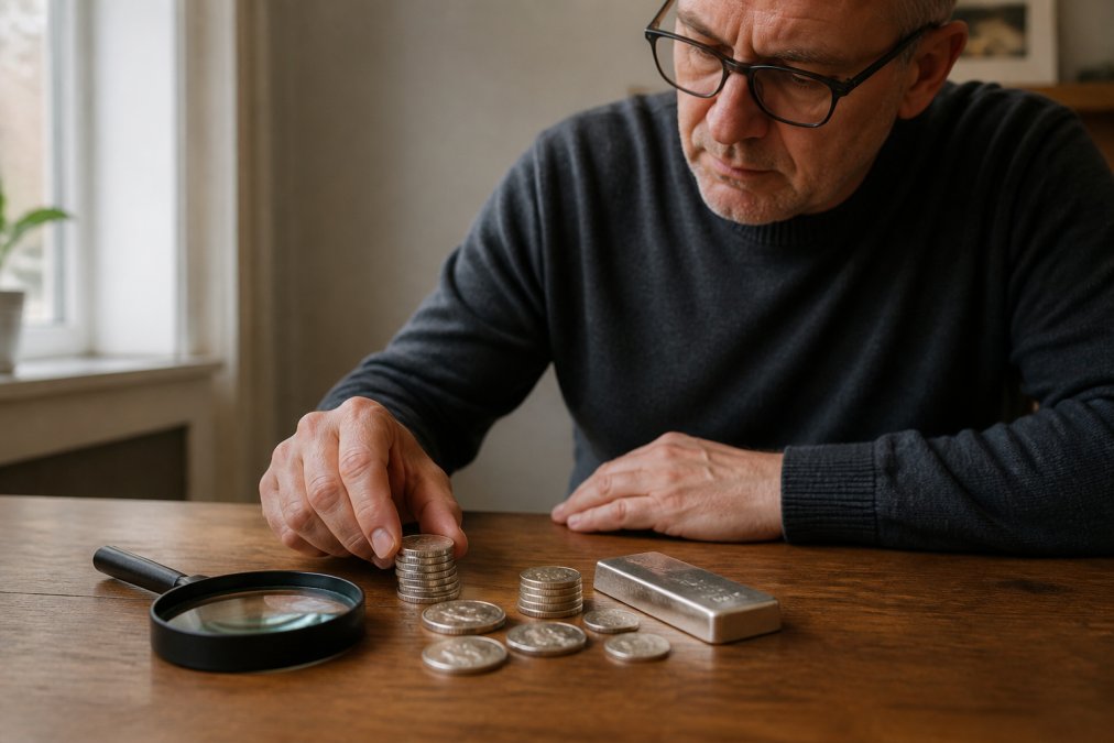 Hands arranging silver coins and a silver bar with a magnifying glass to sell silver coins safely.