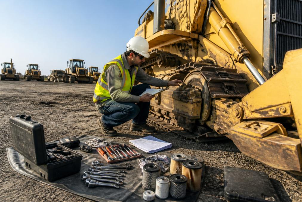 Technician in safety vest and hard hat performing detailed inspection of dozer undercarriage and hydraulic systems with clipboard and diagnostic tools in bright daylight