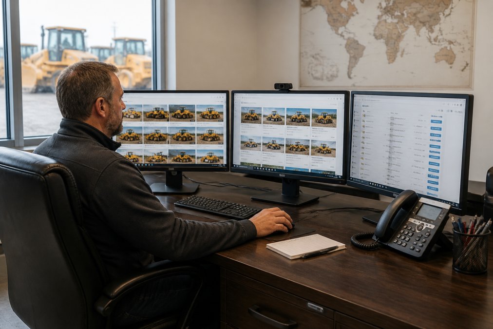 Equipment broker reviewing multiple dozer listings on three computer monitors in modern office showing global reach, digital marketing platforms, and real-time bidding activity