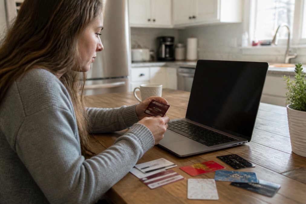 Person sitting at a kitchen table with a laptop open and several physical gift cards spread out in front of them, checking card balances on a retailer's website in warm natural light
