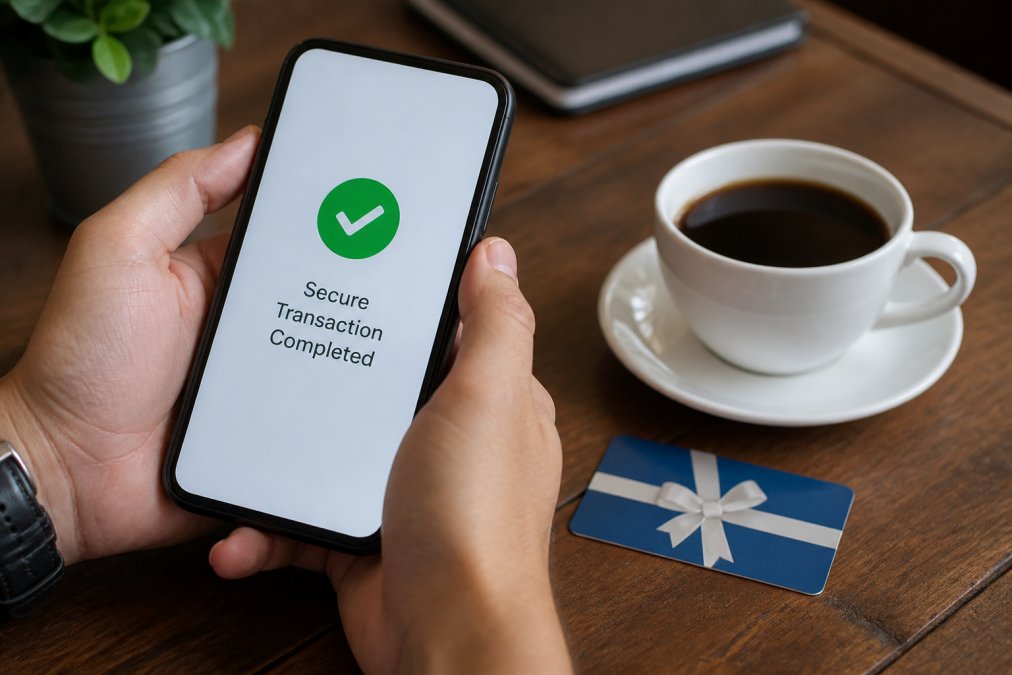 Close-up of hands holding a smartphone displaying a secure transaction confirmation screen, with a physical gift card and a cup of coffee visible on a wooden table nearby