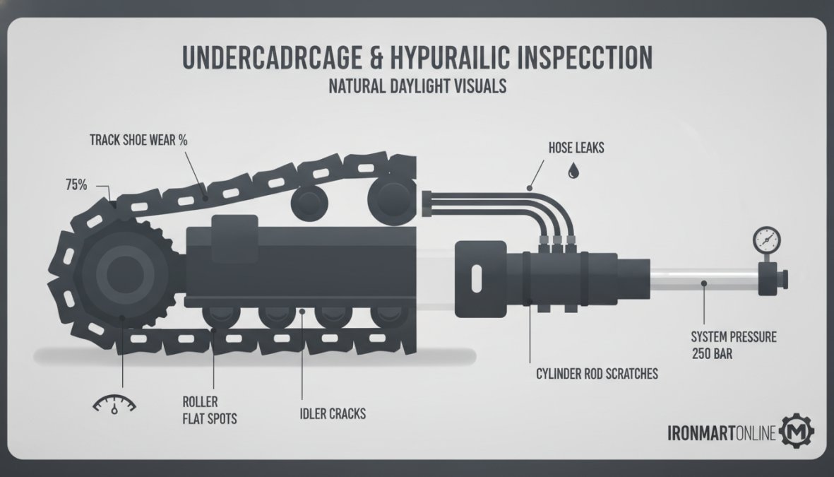 Professional close-up of an excavator's undercarriage and hydraulic system being inspected in natural daylight, showing condition details and wear patterns