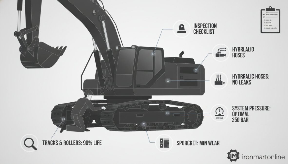 Experienced equipment technician conducting detailed inspection of excavator undercarriage, examining hydraulic hoses and boom joints with professional tools in bright daylight