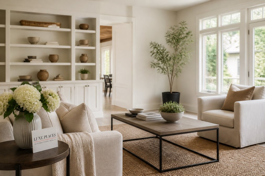 Bright, professionally staged living room with neutral-toned furniture, fresh flowers on a side table, open windows with natural light streaming in, and minimal personal items on shelves