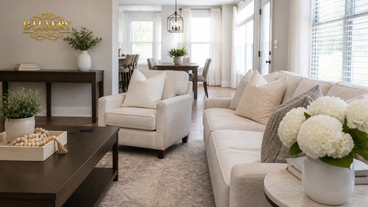 Bright, staged living room with neutral-toned furniture, fresh white flowers on a side table, and natural light streaming through clean windows, showing how an organized space appeals to buyers