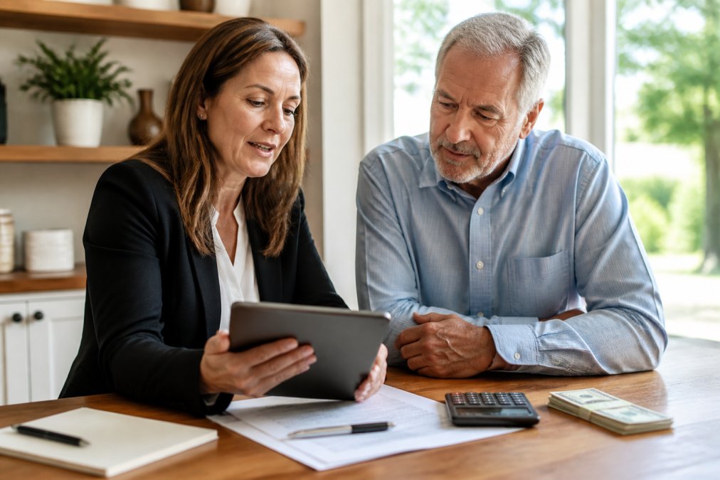 Real estate professional reviewing comparable sales data on a tablet with a homeowner in a bright home office setting, natural sunlight through windows