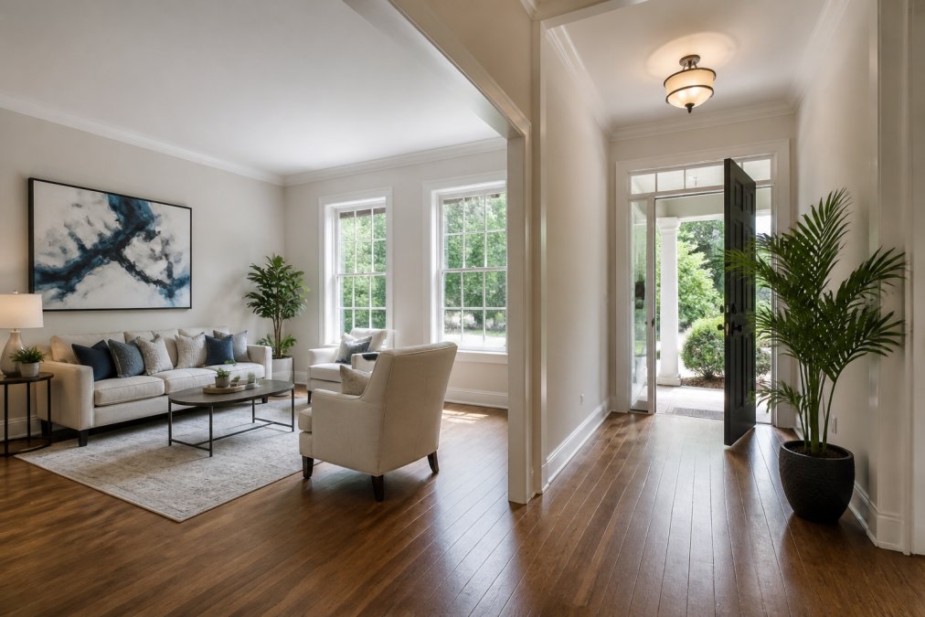 Bright, freshly staged living room with neutral-colored furniture, natural light streaming through clean windows, welcoming entryway with potted plants and clear sightlines