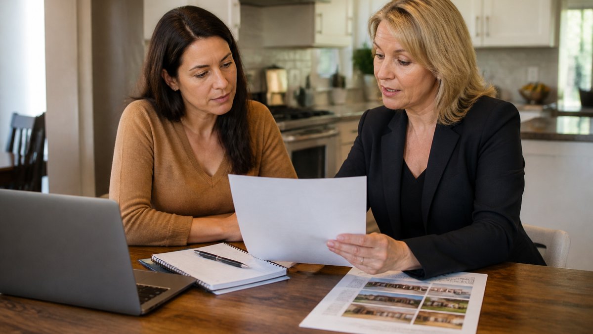 A homeowner and a real estate agent sitting across a kitchen table reviewing a printed list of questions and a local market report, with a laptop and notepad nearby