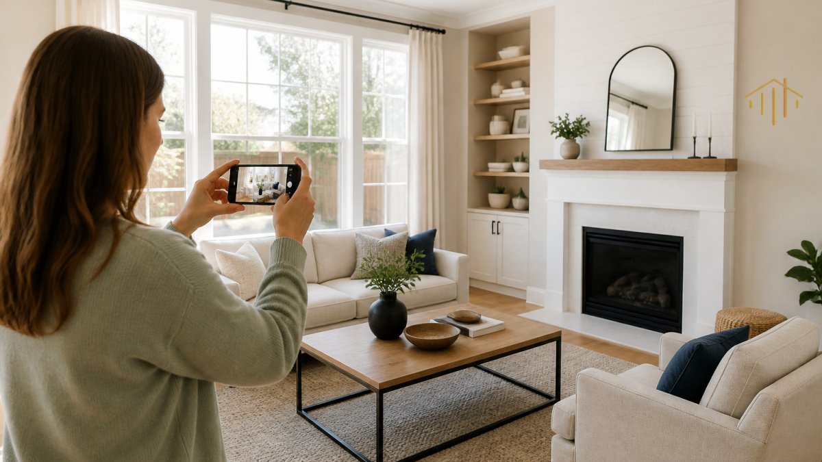 Homeowner using a smartphone to photograph a bright, staged living room to sell house by owner effectively.