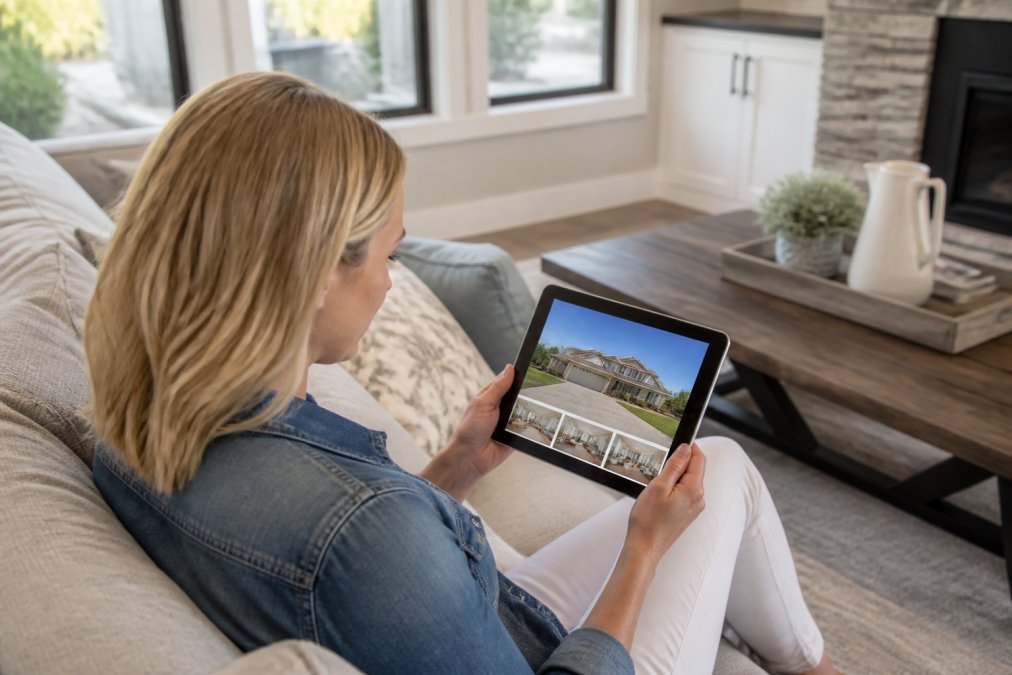 Homeowner reviewing property listing on tablet device in bright living room with natural sunlight streaming through large windows