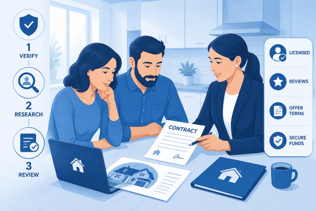 Professional real estate agent and homeowner reviewing contract documents and property details at kitchen table with natural light, both appearing engaged and focused