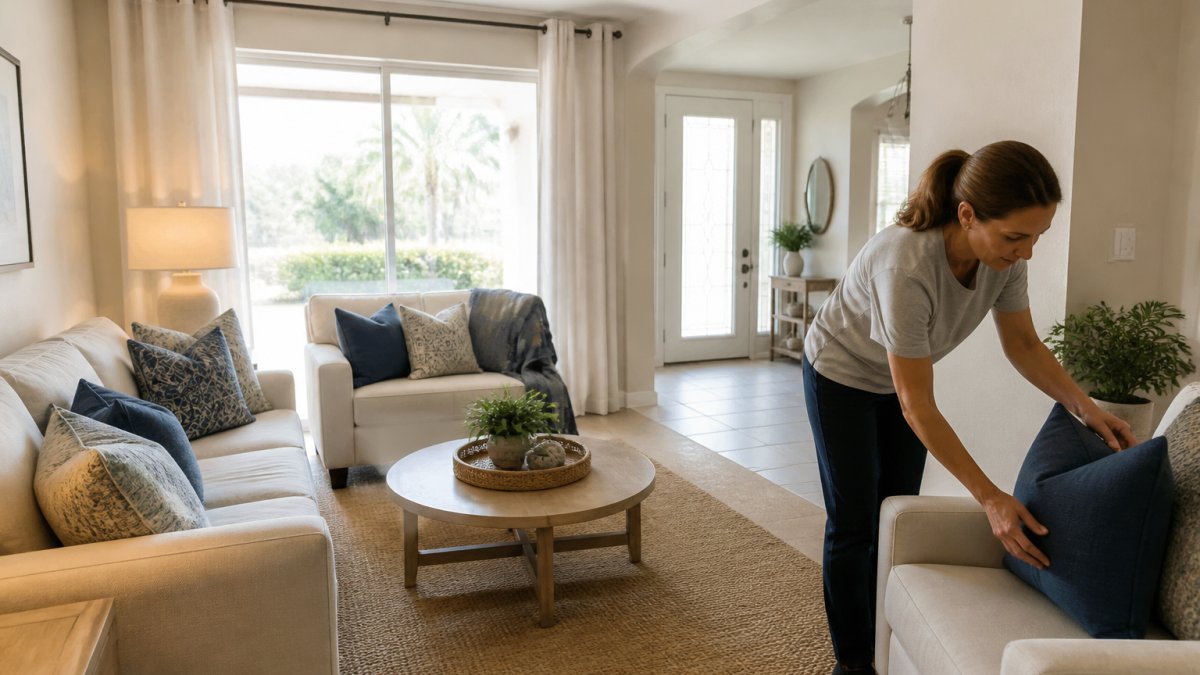 A bright, freshly staged Florida living room with neutral furniture, open curtains letting in natural light, and a tidy entryway visible in the background