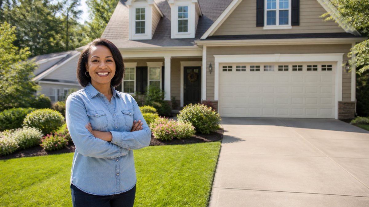 Homeowner standing in front of well-maintained house with fresh landscaping, clean driveway, and clear signage in natural daylight, demonstrating strong curb appeal
