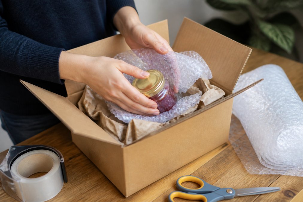 Hands carefully wrapping a small glass jar in bubble wrap and placing it into a cardboard box filled with packing paper, on a wooden table with scissors and tape nearby