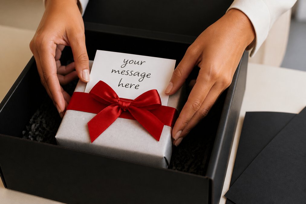 Close-up of hands carefully placing a personalized keepsake gift into branded packaging with attention to detail, showing professional presentation and care