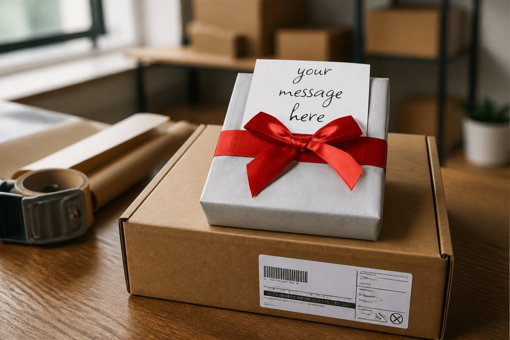 Beautifully wrapped corporate gift with personalized message card on a desk, ready for shipment, with shipping label visible