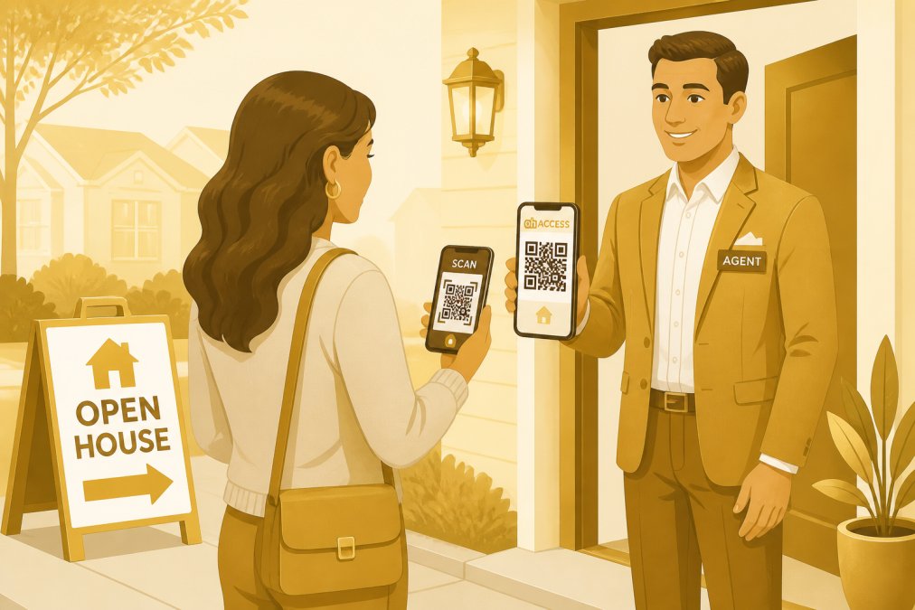 Real estate agent holding a smartphone showing a QR code at an open house entrance, with a visitor scanning the code outside the property in natural daylight