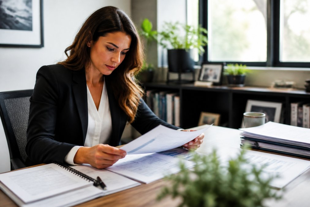 Real estate agent sitting at desk reviewing open house visitor data on a laptop screen, preparing to send a report to a homeowner in a professional office setting with natural lighting