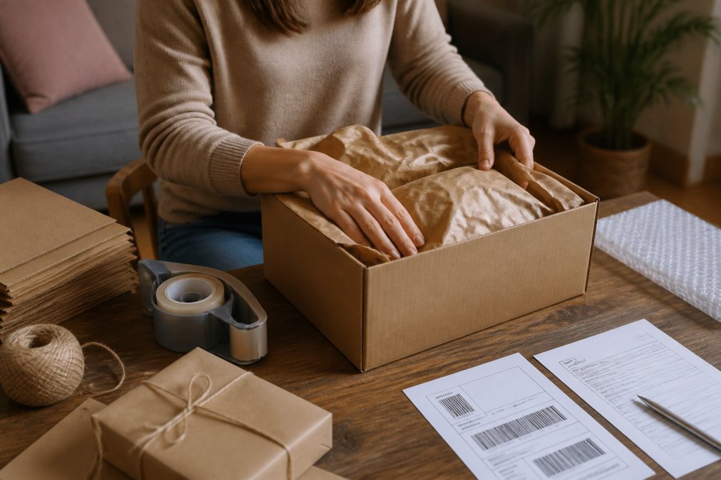 A person carefully wrapping a personalized gift in a sturdy box with packing paper, a printed shipping label and customs form visible on a table beside them, warm home lighting