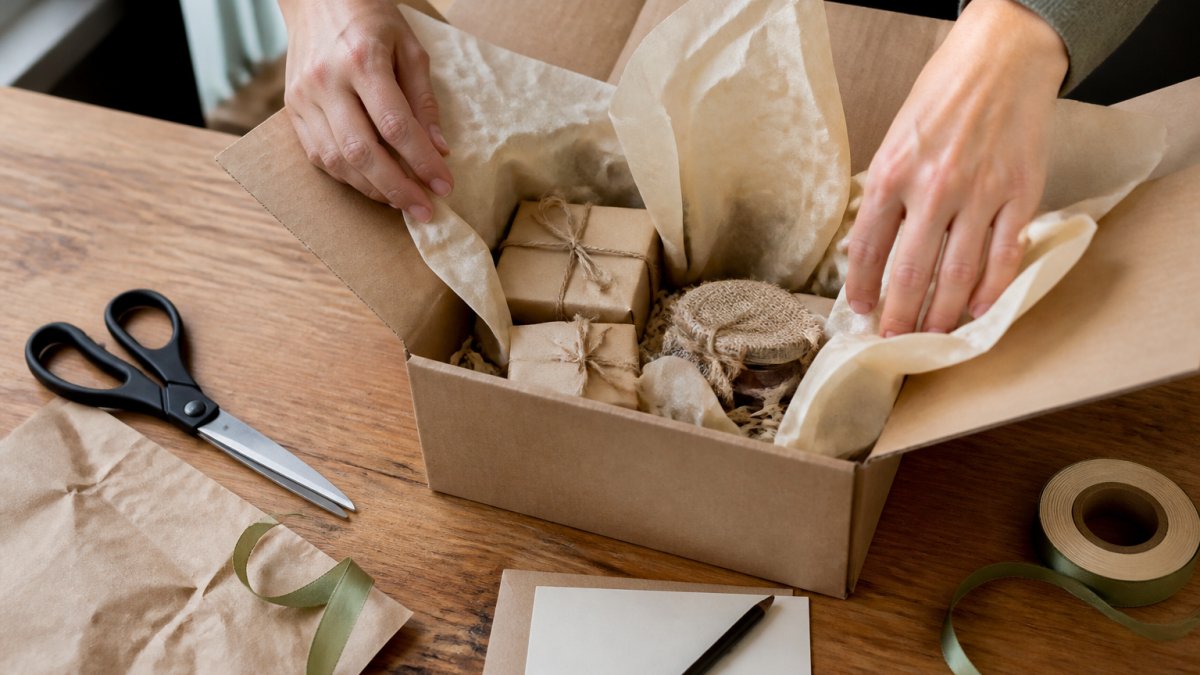 Hands carefully placing tissue paper and small wrapped gifts into an open kraft gift box on a wooden table, with scissors, ribbon and a handwritten note nearby