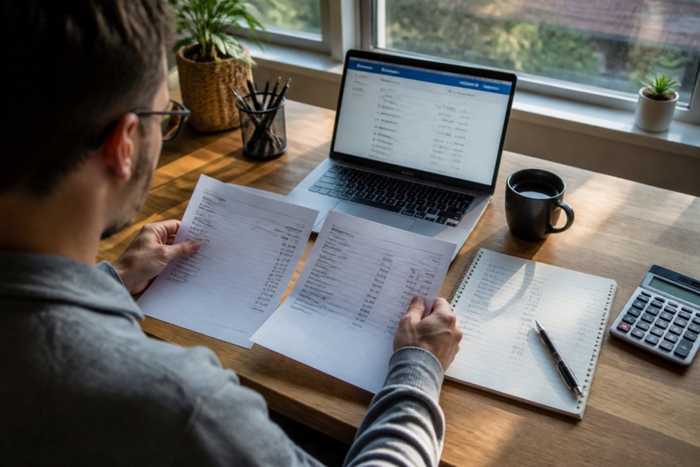 A self-employed person sitting at a home desk with two bank statements side by side, a laptop open showing a banking app, and a notepad with handwritten budget figures, warm natural light from a window