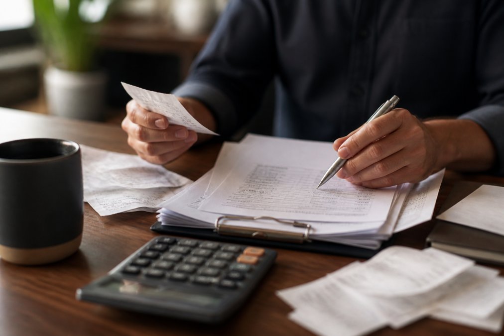 Close-up of a person's hands sorting paper receipts and highlighting line items on a printed expense report, with a calculator and coffee cup on a wooden desk in warm office lighting