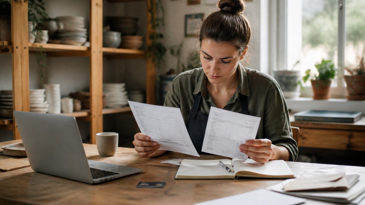 Small business owner reviewing separate personal and business bank statements at a desk to learn how to separate personal