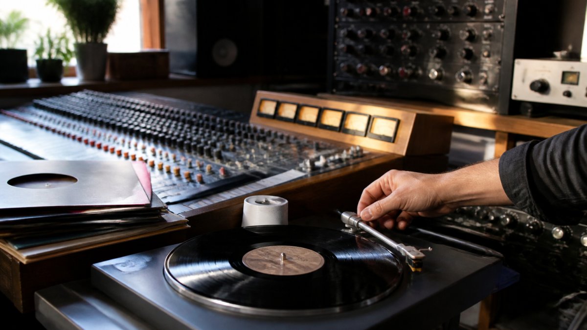 Professional demonstrating how to sequence a podcast for vinyl technique in modern studio setting with vinyl records and mastering equipment visible