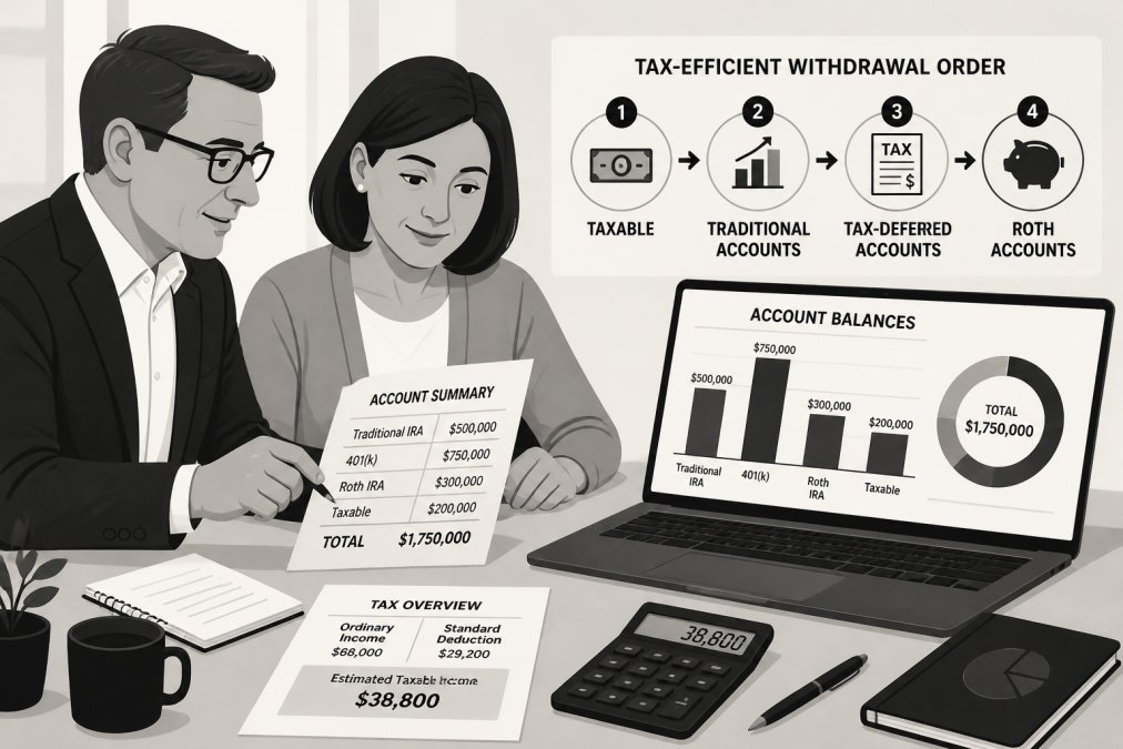 Financial advisor and client reviewing retirement account statements and tax documents together at a desk, with laptop showing account balances and a calculator visible under natural office lighting