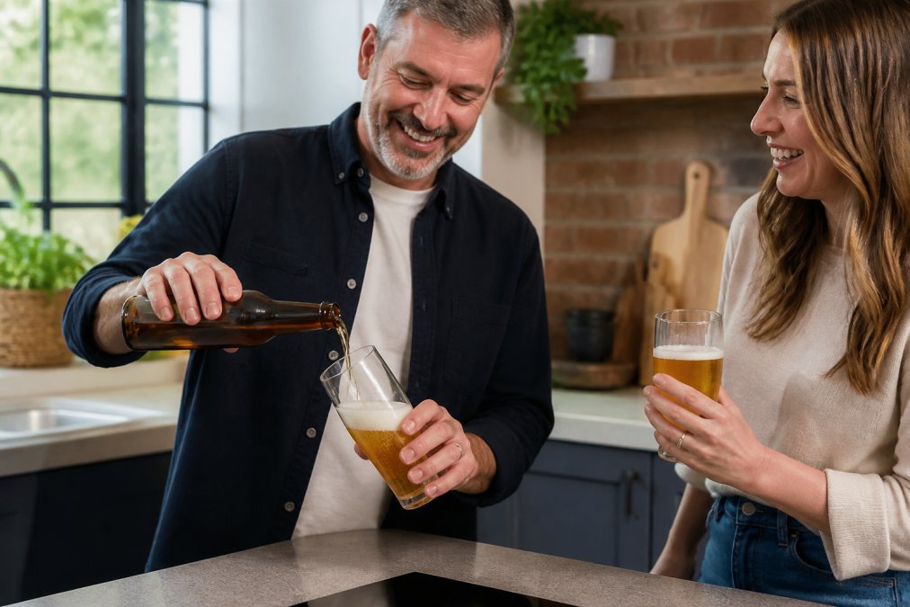 A golden non-alcoholic lager being poured at a 45-degree angle into a clean, dry straight-sided glass on a kitchen worktop, with a small white head forming and condensation on the glass