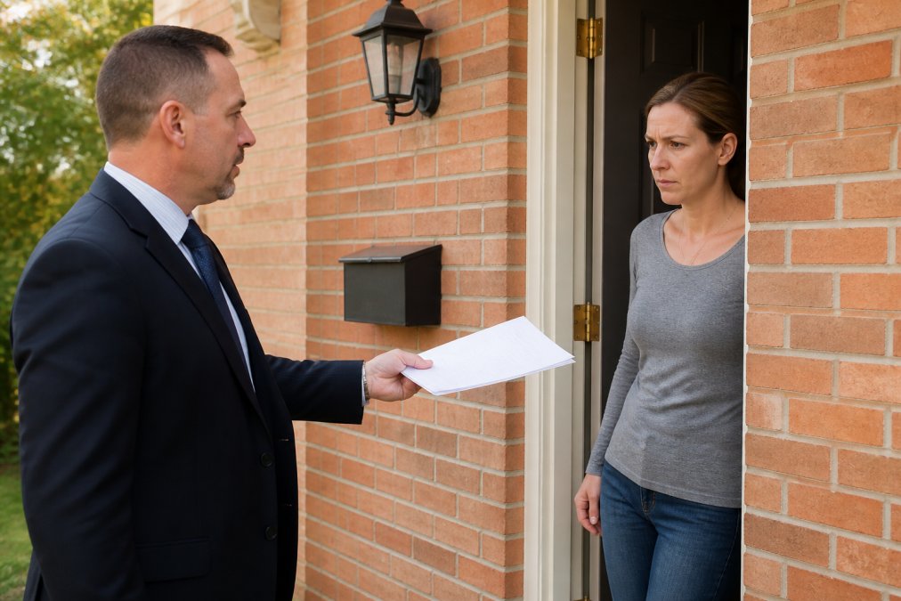 Professional process server in business attire presenting official divorce documents to a person at a residential doorway, with formal posture and neutral expression