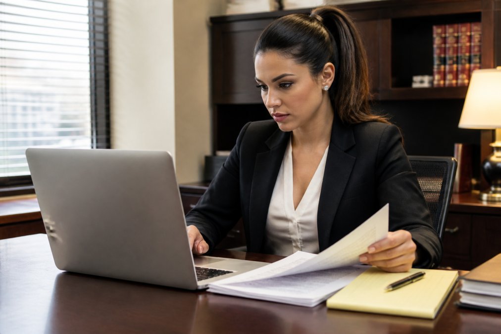 A paralegal seated at a desk in a professional law office, reviewing legal documents on a laptop screen with a legal notepad and pen placed beside the keyboard under warm overhead lighting