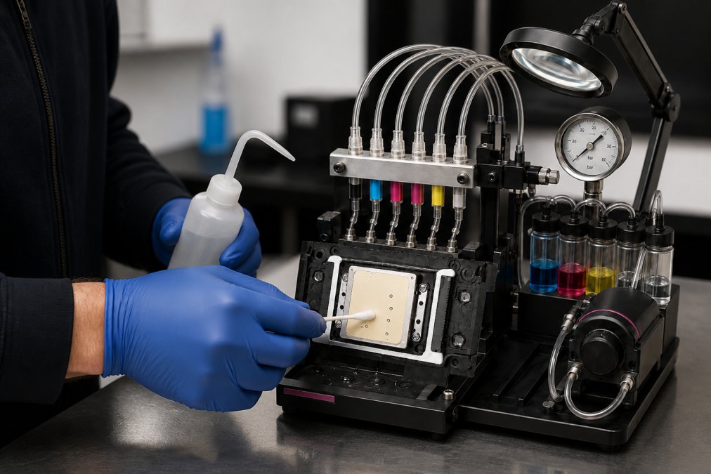 Close-up of a technician's gloved hands carefully cleaning the capping station of an industrial DTF printer with a cotton swab and cleaning fluid in a well-lit workshop setting