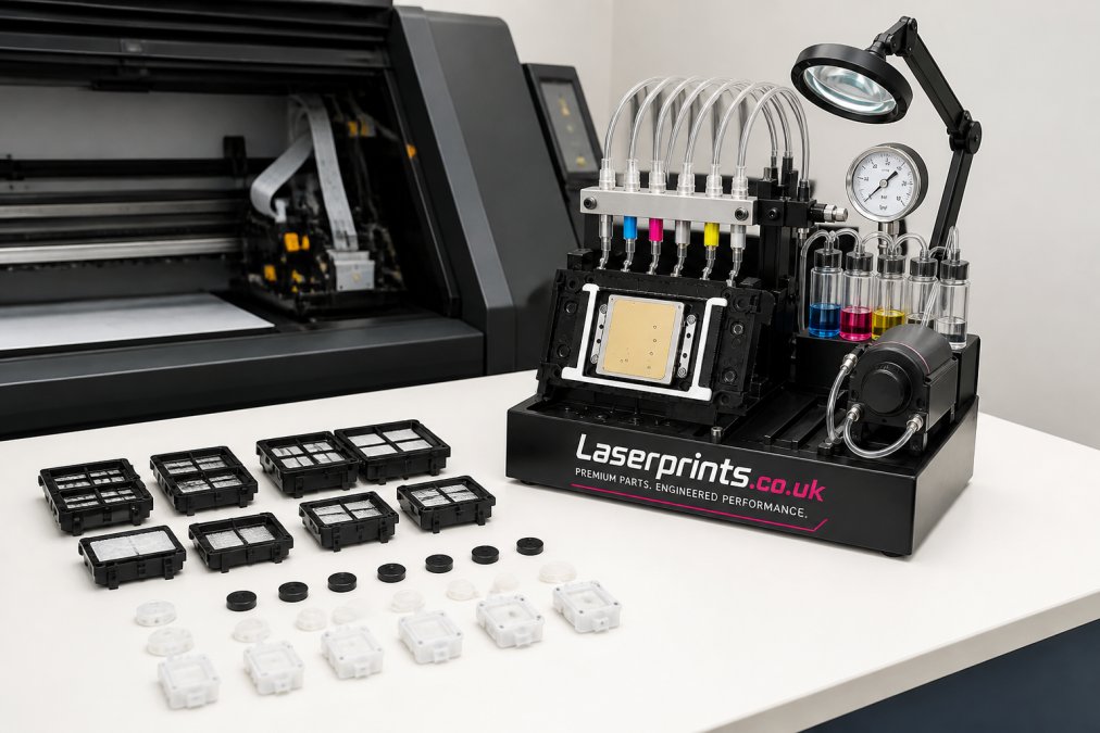 A selection of small DTF printer spare parts including cap top seals and ink dampers laid out neatly on a clean white workbench next to an open industrial DTF printer in a tidy workshop, with overhead fluorescent lighting