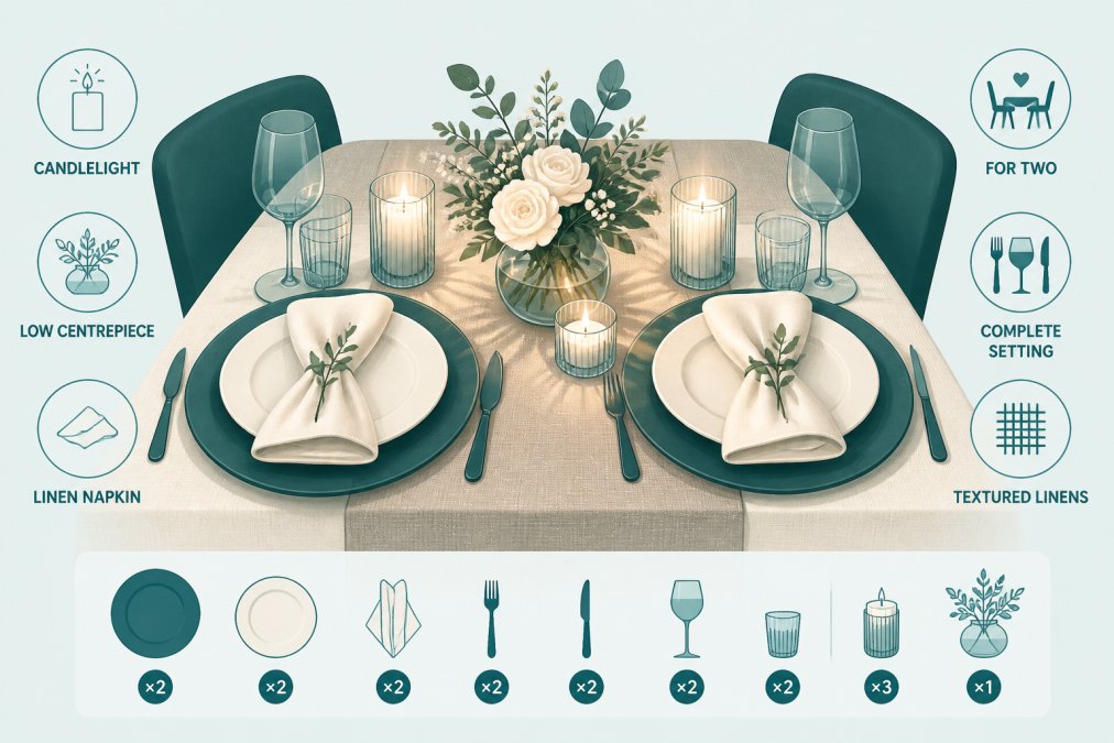 Intimate dinner table for two with soft candlelight illuminating a small floral centrepiece in a low glass vase, cream linen napkin folded elegantly beside the plate, warm golden light casting gentle shadows across textured cream and taupe linens, creating a cosy romantic atmosphere