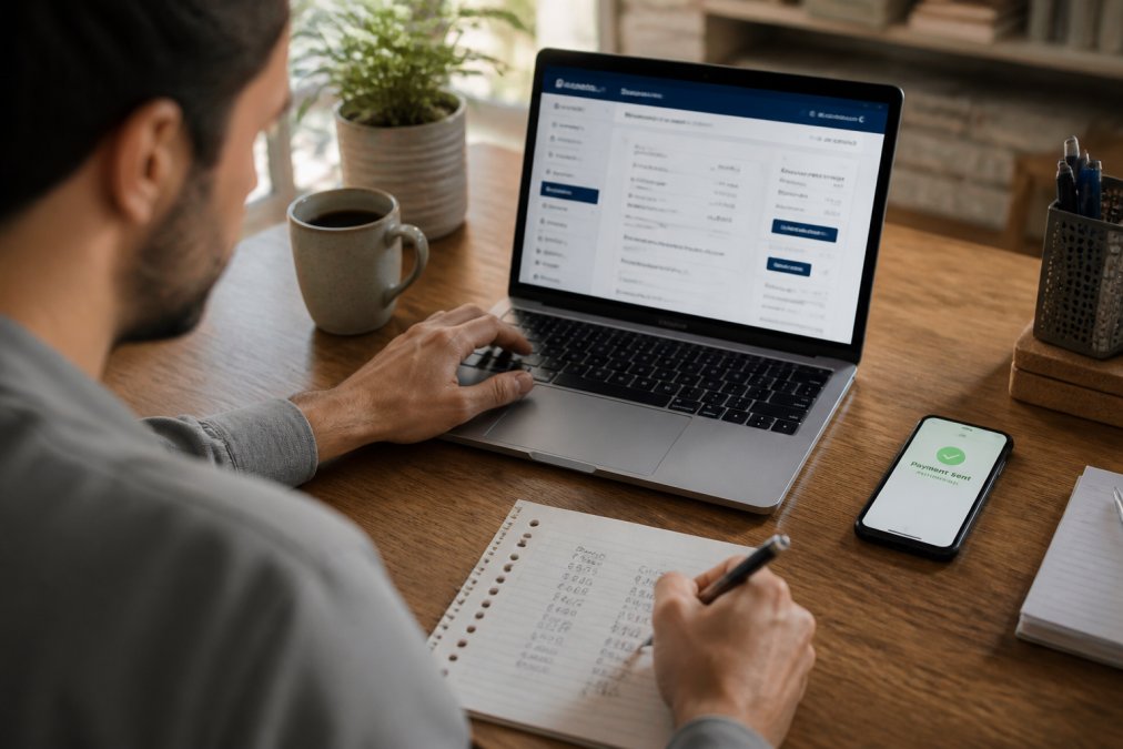 A freelancer at a desk with a laptop open to a banking app, a notebook showing a column of numbers, and a coffee mug, with a smartphone displaying a payment confirmation screen nearby