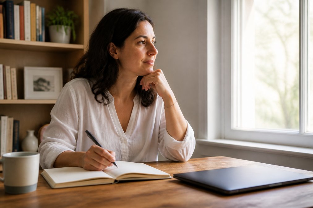 A person journals at a desk in soft morning light to help set boundaries during their daily routine.
