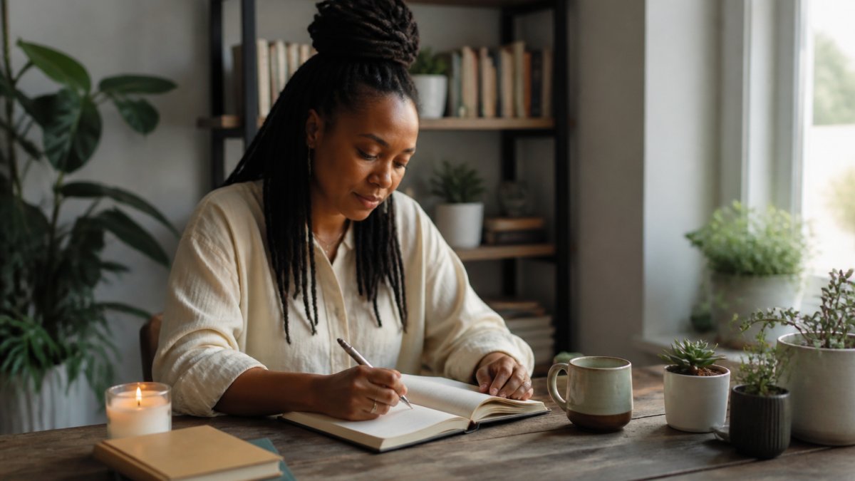 Woman writing her personal boundaries and action steps in a journal at a calm, sunlit desk with a cup of tea.