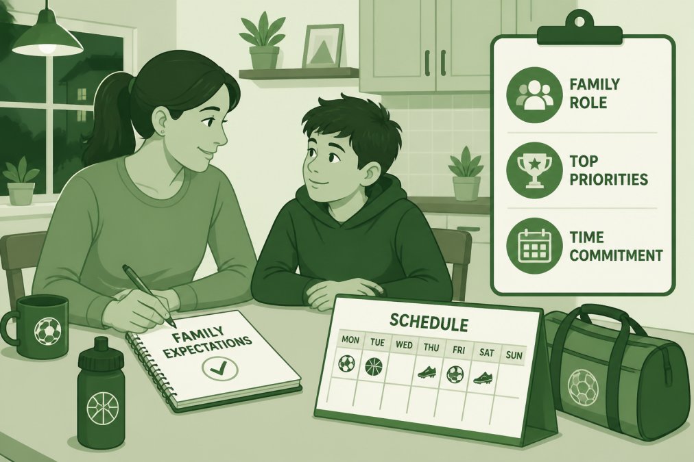 Parent and child sitting together at a kitchen table during evening light, having a calm conversation with a notebook and sports schedule visible, both looking engaged and relaxed