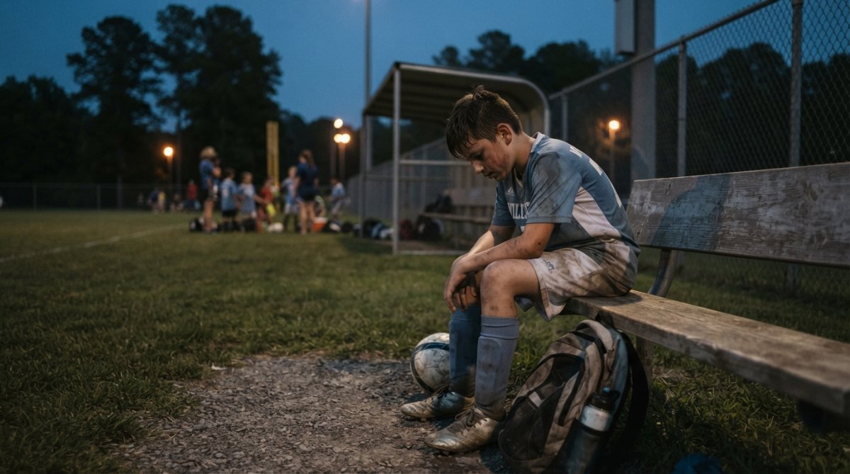 Young athlete sitting alone on a bench after practice, shoulders slumped with visible fatigue, wearing sports gear in dim evening light, looking emotionally drained