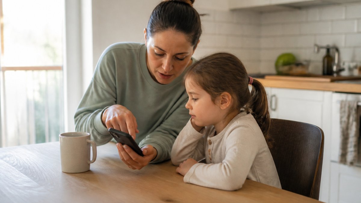 Infographic showing how to set healthy screen time limits for children at the kitchen table