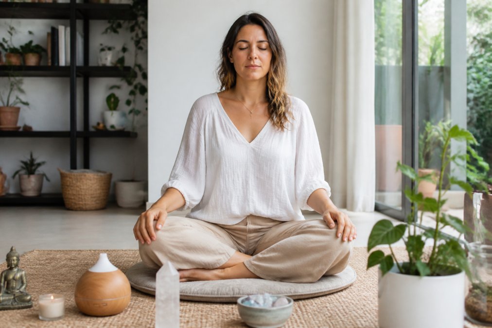 Woman practicing a morning ritual to set energetic boundaries in a sunlit room with crystals and a diffuser