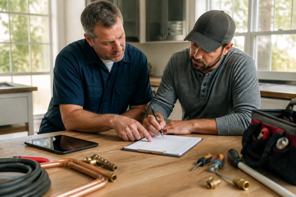 Business owner and contractor reviewing and signing a service contract at a desk with tablet and pen, natural office lighting streaming through windows