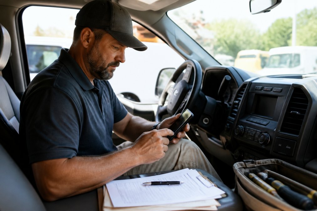 Field service manager on mobile device reviewing invoices and payment status while managing crew schedules in truck, natural daylight