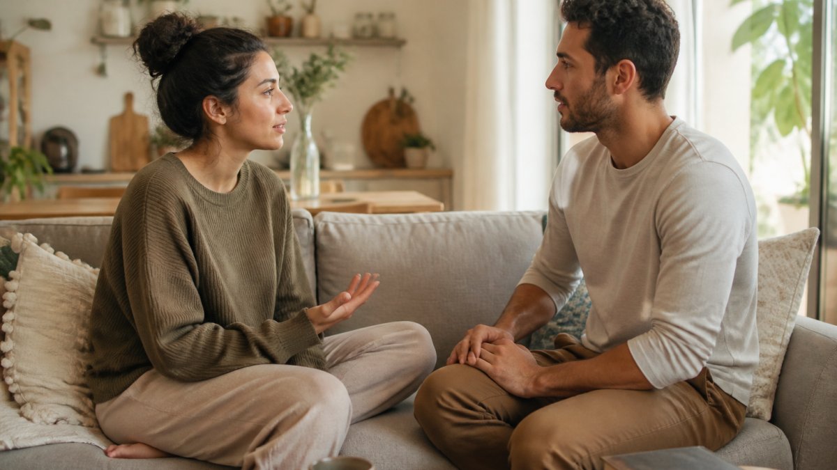 Two adults sitting on a couch facing each other in a calm, well-lit living room, mid-conversation with open body language and relaxed expressions, suggesting a thoughtful and honest discussion about personal limits and comfort