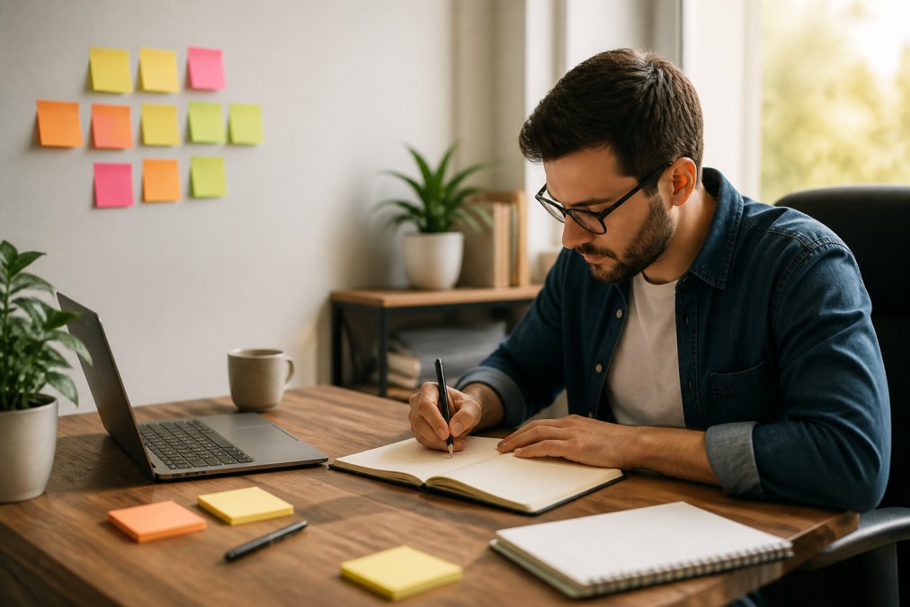 A person sitting at a tidy desk writing goals in a notebook with a laptop open nearby, sticky notes on the wall behind them, warm natural light