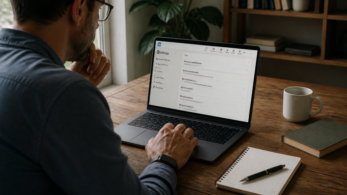 A person at a home desk reviewing privacy settings on a laptop, with the LinkedIn settings menu visible on screen and a notepad beside the keyboard